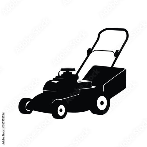 Monochrome silhouette lawn mower for garden maintenance and yard work