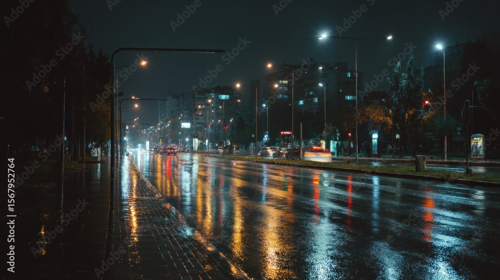 Fototapeta premium Rainy night city street wet asphalt reflecting lights cars driving