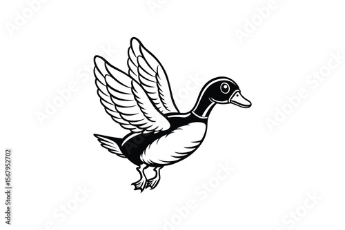 Flying Duck with Open Wings Vector Illustration in Silhouette