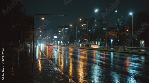 Rainy night city street wet asphalt reflecting lights cars driving