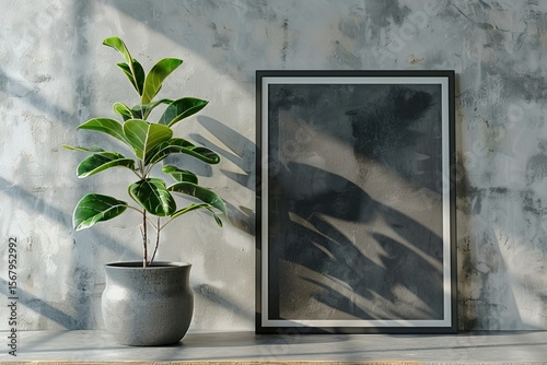 High Definition View of Black Poster or Photo Frame and Beautiful Plant in a Concrete Pot