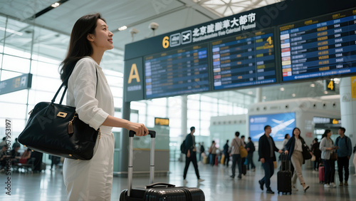 Woman Traveler at Modern Airport Terminal With Luggage