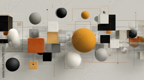 Abstract Composition of Geometric Shapes in Neutral and Bold Colors