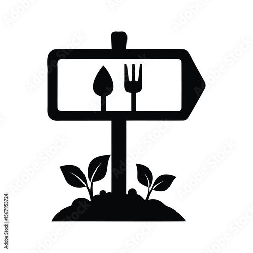 Directional sign for organic, natural food with a fork and spoon