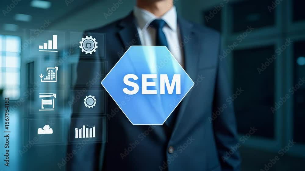 Flat Businessman Illustrating SEM Icons on Digital Interface: SEO Strategies & Online Advertising Rankings in a Cute Vector Style - Full Body, Isolated on White Background