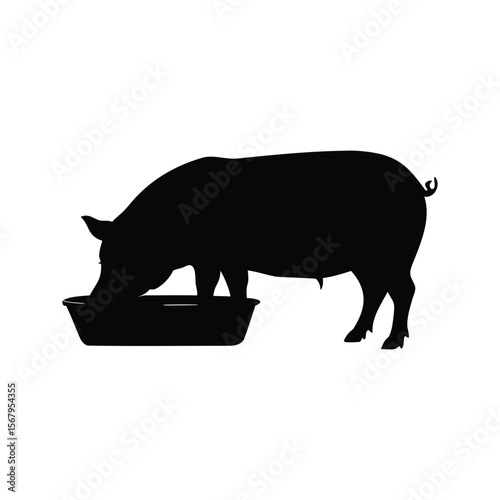 Silhouette of a pig feeding from a trough, isolated on white background