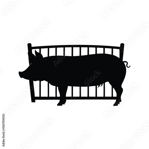 Silhouette of a pig standing behind a fence, captured in simple art