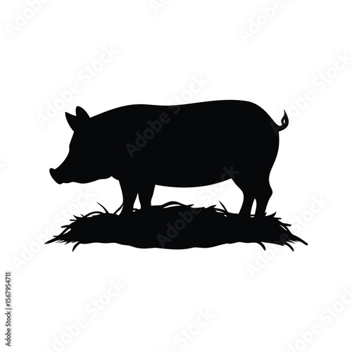 Silhouette of a pig standing on a bed of straw and hay