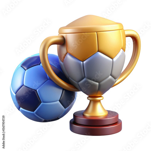3d golden soccer trophy with blue ball isolated on transparent background