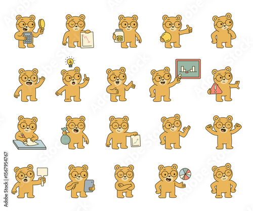Bear guide finance instructor character set with various hand positions, office equipment, emotion types, communication symbols and confident postures for educational business advice illustrations
