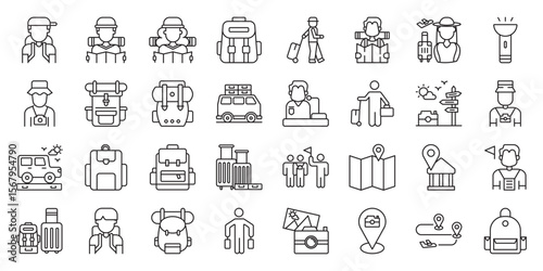 Backpacker’s Travel Hotspots set of web icons in line style. backpacking, travel hotspots, backpacker destinations and travel attractions. Vector illustration