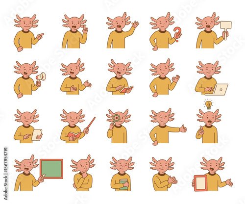 Axolotl guide character set showing different educational gestures with books, devices, speech and various thoughtful teaching elements for yours illustration and creative designs projects