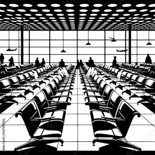 Black and White Vector Silhouette of Empty Airport Waiting Chairs