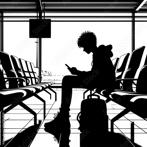 Black and White Vector Silhouette of a Boy Sitting with Backpack