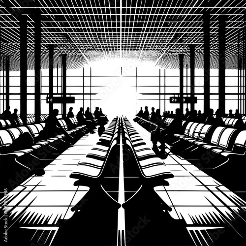 Black and White Vector Silhouette of Empty Airport Waiting Chairs