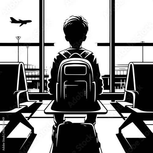 Black and White Vector Silhouette of a Boy Sitting with Backpack