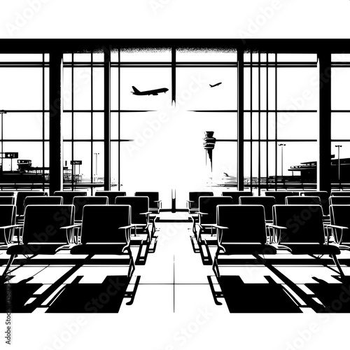 Black and White Vector Silhouette of Empty Airport Waiting Chairs