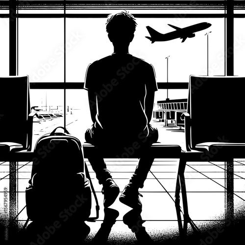 Black and White Vector Silhouette of a Boy Sitting with Backpack