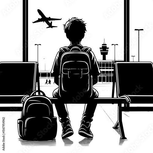 Black and White Vector Silhouette of a Boy Sitting with Backpack