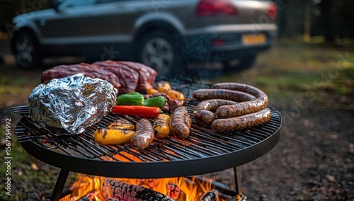 Grilled Delights, A Rustic Outdoor Feast with Sausage and Vegetables