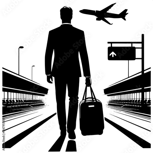 Black and White Vector Silhouette of a Man with Duffel Bag Walking to Gate