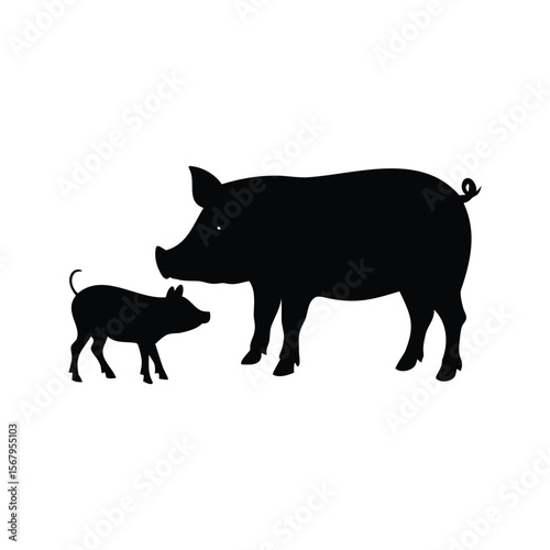 Black Silhouette Depiction of a Pig Sow with her Piglet on White