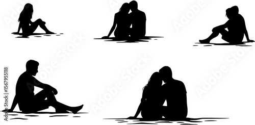 vector set couple sitting, love, Couple Sitting Floor Beach Silhouette Vector
