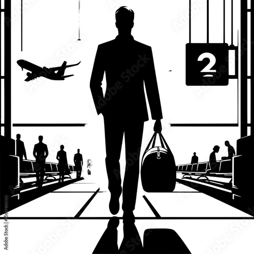 Black and White Vector Silhouette of a Man with Duffel Bag Walking to Gate