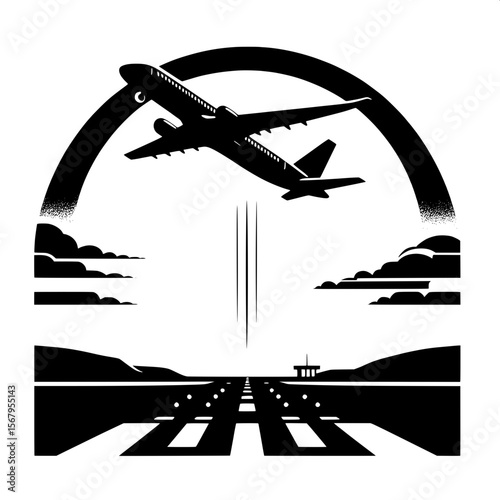 Black and White Vector Silhouette of an Airplane Taking Off