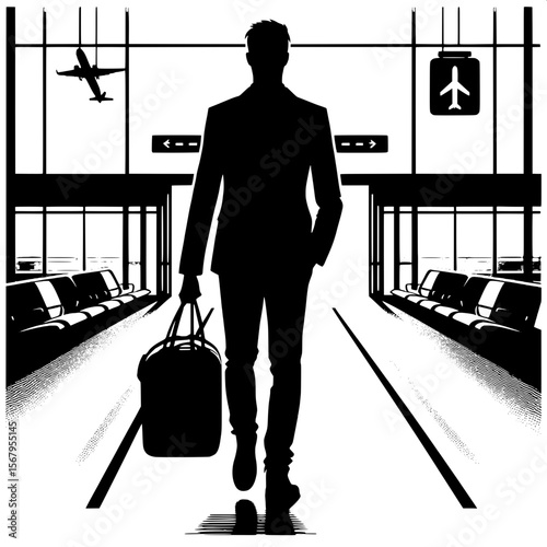 Black and White Vector Silhouette of a Man with Duffel Bag Walking to Gate