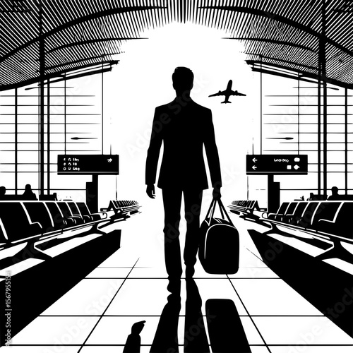 Black and White Vector Silhouette of a Man with Duffel Bag Walking to Gate