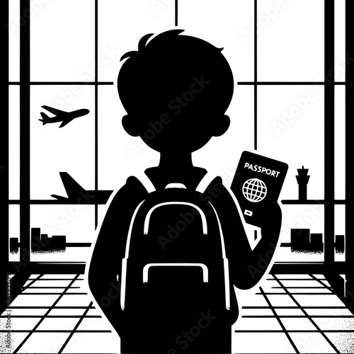 Black and White Vector Silhouette of a Boy Holding Passport
