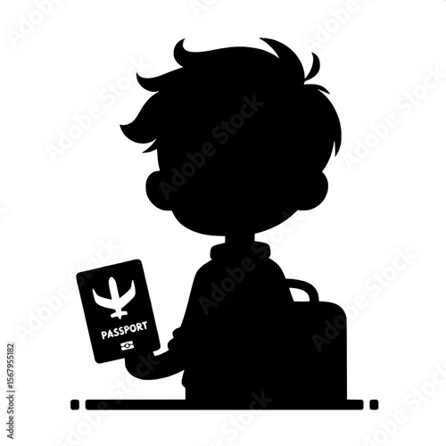 Black and White Vector Silhouette of a Boy Holding Passport