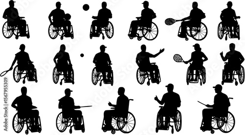 Group people in wheelchair different ages in various poses vector silhouette set collection.
