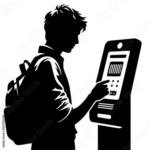 Black and White Vector Silhouette of a Man Using Check-in Kiosk