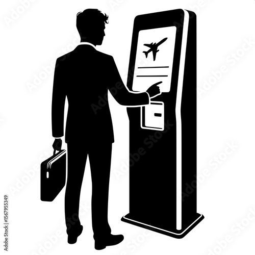 Black and White Vector Silhouette of a Man Using Check-in Kiosk