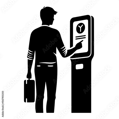 Black and White Vector Silhouette of a Man Using Check-in Kiosk