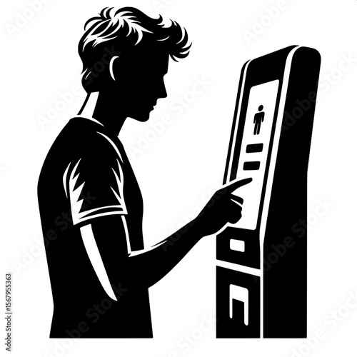 Black and White Vector Silhouette of a Man Using Check-in Kiosk