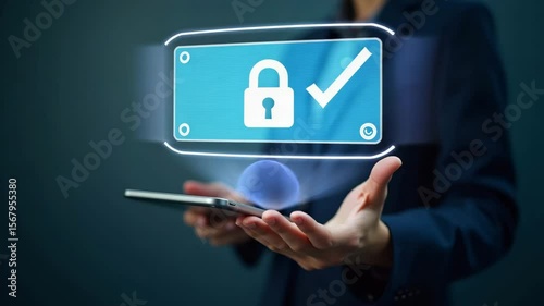 Wallpaper Mural Hand confirming secure online payment on holographic digital interface with verification tick symbol in empty space, showcasing digital security and technology concept. Torontodigital.ca