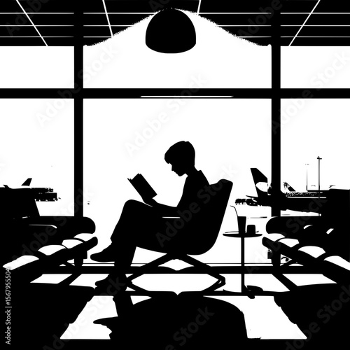 Black and White Vector Silhouette of a Boy Reading Book in Lounge