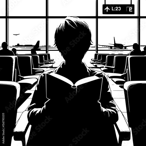Black and White Vector Silhouette of a Boy Reading Book in Lounge