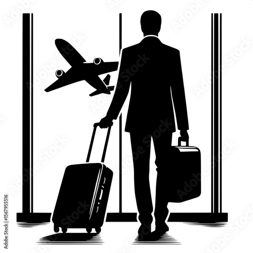 Black and White Vector Silhouette of a Man Boarding a Plane with Suitcase