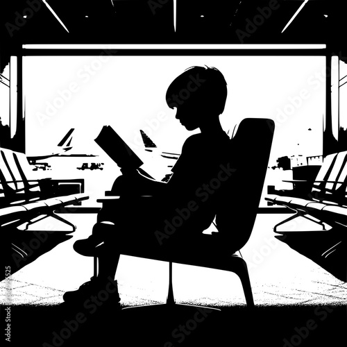 Black and White Vector Silhouette of a Boy Reading Book in Lounge