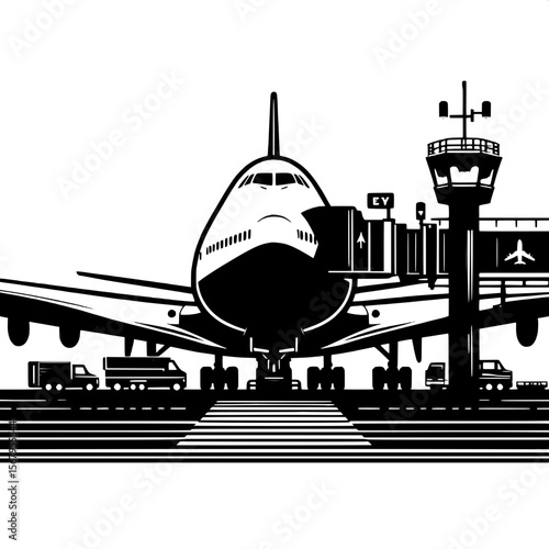 Black and White Vector Silhouette of an Airplane at the Gate