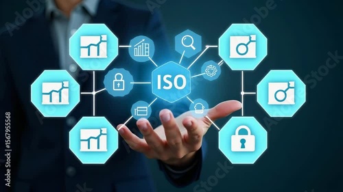 Wallpaper Mural Hand Interacting with Holographic ISO Standards Interface: Visualizing Quality Assurance and Compliance in Business Technology and Management Concepts Torontodigital.ca