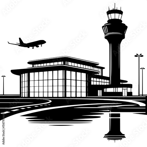 Black and White Vector Silhouette of an Airport Terminal Exterior