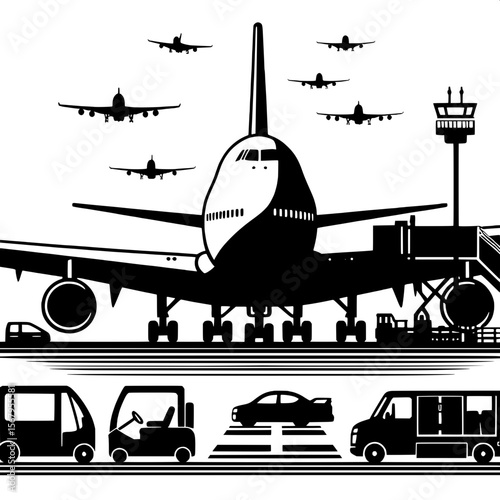 Black and White Vector Silhouette of an Airplane at the Gate