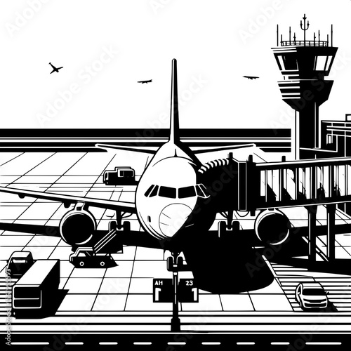 Black and White Vector Silhouette of an Airplane at the Gate