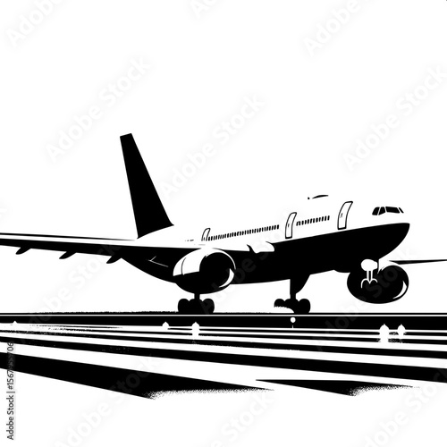 Black and White Vector Silhouette of an Airplane on Runway