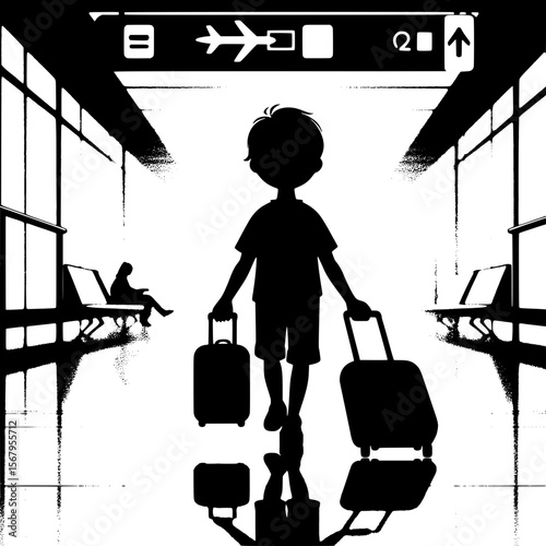 Black and White Vector Silhouette of a Boy Pulling Trolley Bag Inside Airport